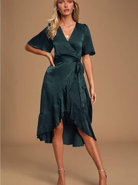 Lulu's Emerald Green Faux Satin Wrap High-Low Dress